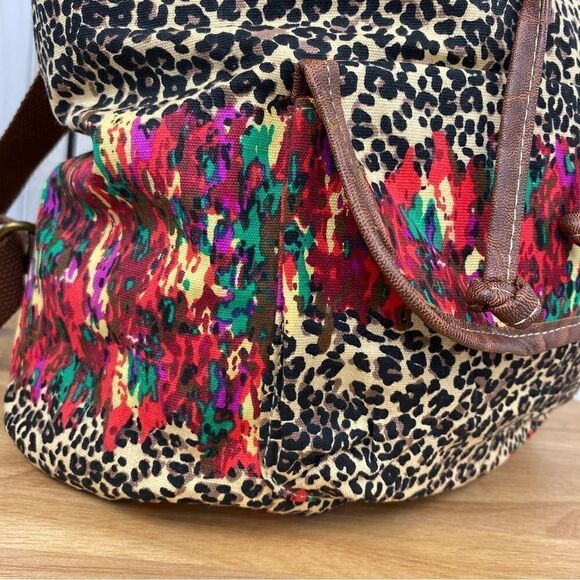 Bongo Leopard Print Multicolor Canvas Backpack Brown Multi - Picture 6 of 11
